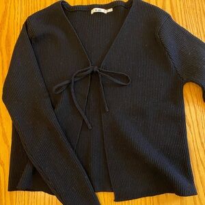 Black Ribbed Sweater with Tie Front